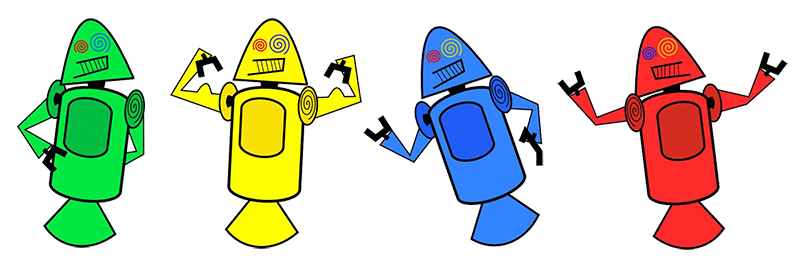 Imagem de 4 robôs, verde, amarelo, azul e vermelho
